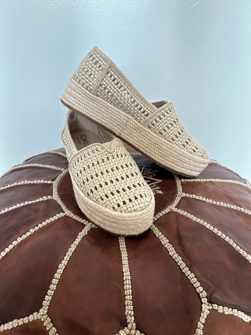 TOMS Valencia Platform Champagne Metallic Woven Espadrille Slip-On Lightweight